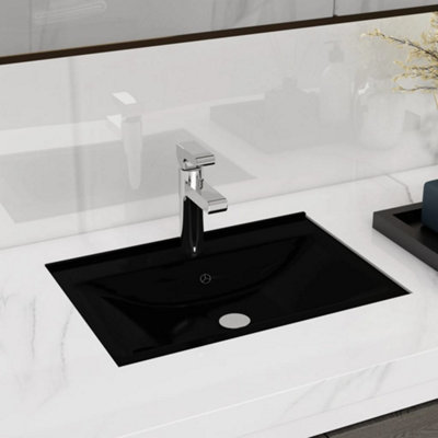 Modern Ceramic Bathroom Sink Basin Faucet/Overflow Hole Black Rectangular