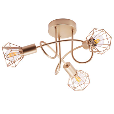 Modern Champagne Gold Ceiling Light Fitting with Twisting Arms and Cage Shades