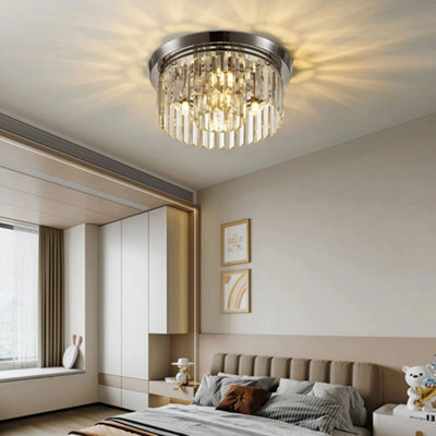 Modern Chandelier Double Circle Crystal Shade Chorme Base Mount Ceiling Light