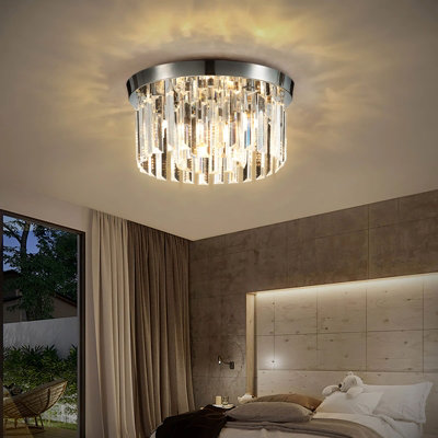 Modern Chandelier Double Circle Droplet Crystal Shade Chorme Base Mount Ceiling Light Dia 30cm