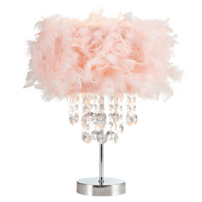 Modern Chandelier Style Pink Feather Table Lamp with Waterfall Acrylic Droplets