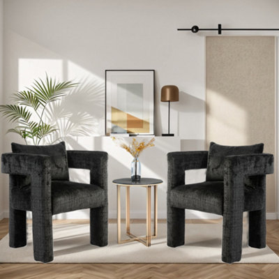 Modern Chenille Living Room Lounge Chair with Armrest, Black Dining Chairs for Dining Room