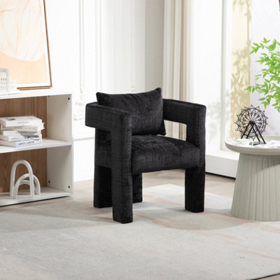 Modern Chenille Living Room Lounge Chair with Armrest, Black Dining Chairs for Dining Room