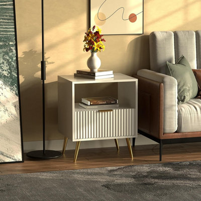 Modern Chic Wooden Bedside Table Fluted Nightstand with Gold Metal Legs, Storage Drawer & Waterproof Finish Bedroom & Living Room