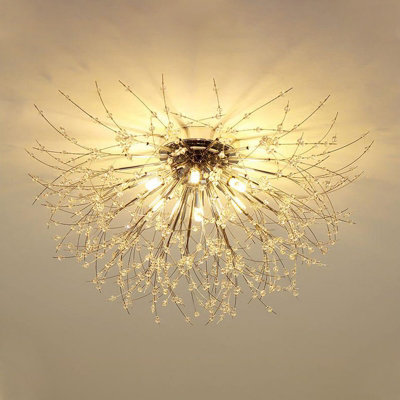 Modern Chrome 6 Lights Sputnik Dandelion Crystal Flush Mount Ceiling Lights Chandelier Lamp 50cm