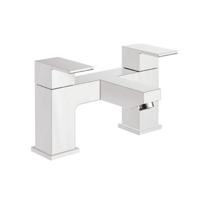 Modern Chrome Deck-Mounted Bath Filler Mixer Tap with Square Twin Lever Handles for Bathtubs