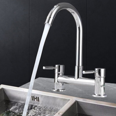 Modern Chrome Dual Lever Kitchen Sink Mixer Tap - 2 Hole Deck Mounted