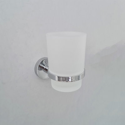 Modern Chrome Finish Toothbrush Holder with Glass Cup Wall Mounted Accessory - 4
