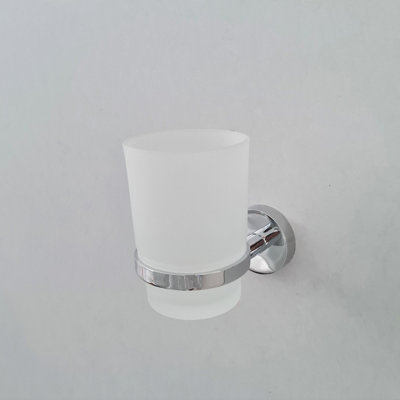 Modern Chrome Finish Toothbrush Holder with Glass Cup Wall Mounted Accessory - 9