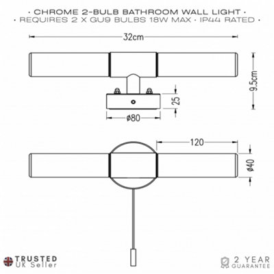 Modern Chrome IP44 Rated Bathroom Wall Light Fitting with Tubular Glass Shades