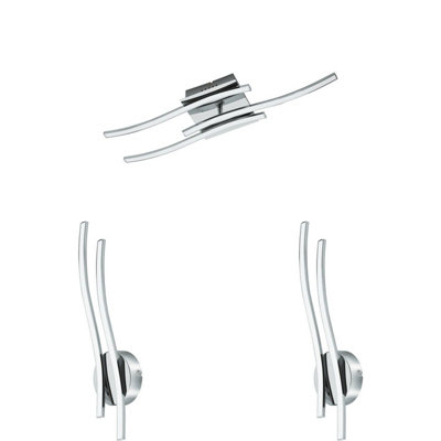 Modern Chrome LED Ceiling and Wall Light Set with Two Matching Sconces