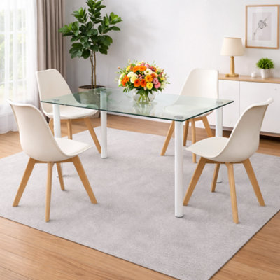 Modern Clear Glass Dining Table Set With 4 Cream Plastic Chairs Dining ...