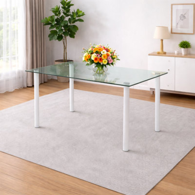 Modern Clear Glass Dining Table Set With 4 Cream Plastic Chairs Dining ...