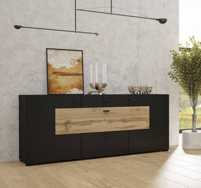 Modern Coby 26 Sideboard Cabinet 1650mm in Oak Wotan & Black - Sleek Storage Solution H710mm D400mm