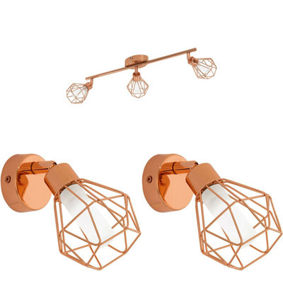 Modern Copper Geometric Ceiling Spot Light and Matching Wall Lights Set