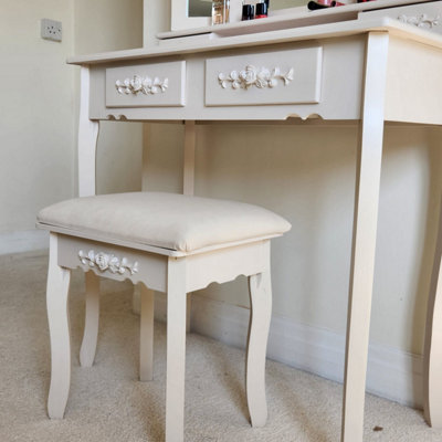 Modern Cream Folding Three Mirror Dressing Table with Padded Stool 4 Drawers Bedroom Makeup Desk