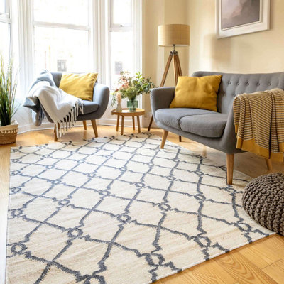 Modern Cream Trellis Geometric Jute Area Rug 190x280cm