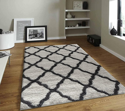 Modern Dark Cream Geometric Marrakesh Shaggy Area Rug - 160x230 cm ...