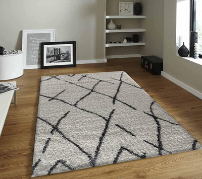 Modern Dark Cream Geometric Marrakesh Shaggy Area Rug, Deep Pile