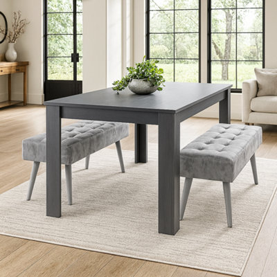 Modern Dark Grey Dining Table Set with 2 Grey Velvet Benches Stylish ...