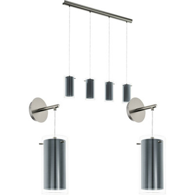 Modern Dark Nickel Quad Ceiling and Wall Light Set with Glass Shades