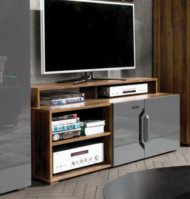 Modern Davos Basic Entertainment Unit H1960mm W3100mm D580mm with Dark Walnut and Grey Gloss Finish