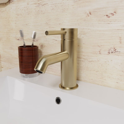 Modern Deck Mounted Brushed Brass Round Single Lever Basin Mono Mixer Tap