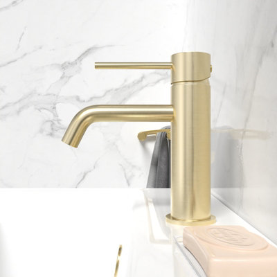 Modern Deck Mounted Brushed Brass Round Single Lever Basin Mono Mixer Tap - 3