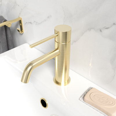Modern Deck Mounted Brushed Brass Round Single Lever Basin Mono Mixer Tap - 5