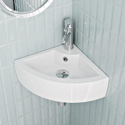 Modern Design Bathroom Wash Basin Sink Corner Wall-Mounted with TAP, Bottle Trap & Pop-up Waste