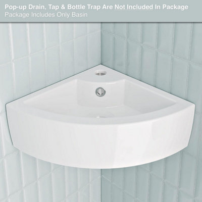 Modern Design Bathroom Wash Basin Sink Corner Wall-Mounted with TAP, Plastic Bottle Trap & Pop-up Waste