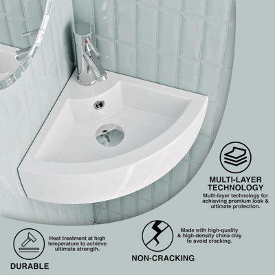 Modern Design Bathroom Wash Basin Sink Corner Wall-Mounted with TAP, Plastic Bottle Trap & Pop-up Waste