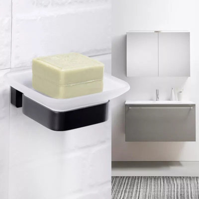 Modern Designer Bathroom Glass Soap Holder Black Dish & Holder Wall Mounted Accessory