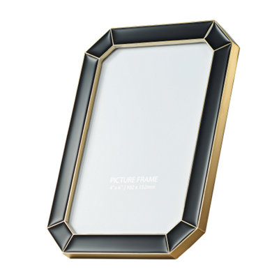 Modern Designer Black Gloss Epoxy 4x6 Picture Frame with Gold Plated Metal Trim