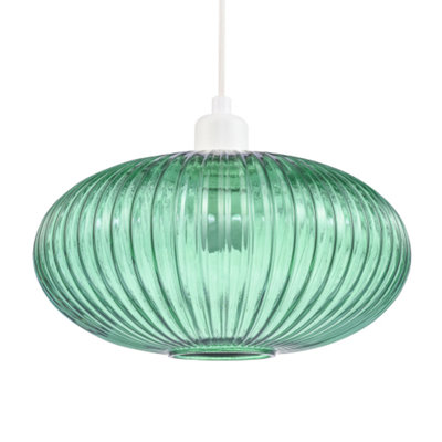 Modern Designer Emerald Forest Green Line Ribbed Glass Oval Pendant Lamp Shade