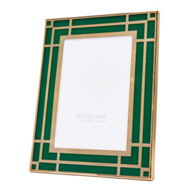 Modern Designer Gold Tone Steel Metal and Forest Green Glass 4x6 Picture Frame