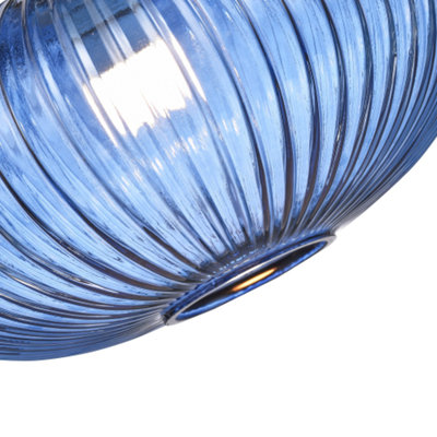 Modern Designer Navy Midnight Blue Line Ribbed Glass Oval Pendant Lamp ...