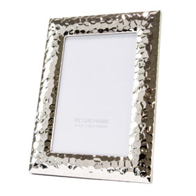 Modern Designer Silver Plated Steel Metal 4x6 Picture Frame with Hammered Frame