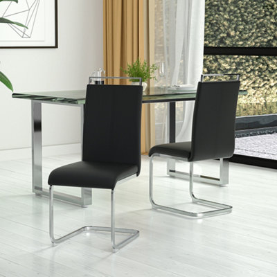 Modern Dining Chair Set of 2 Black PU Leather Upholstered Dining Chairs with Metal Leg