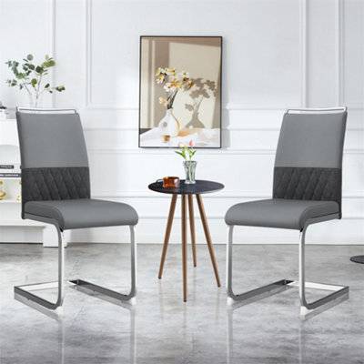 Modern Dining Chairs Set of 2, PU Faux Leather and Linen, High Back Padded Side Chair, for Dining Room, Guest Office Chair, Gray