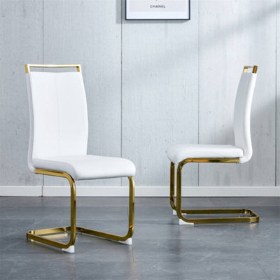 Modern Dining Chairs Set of 4, Golden Chrome-Plated Metal Frame, Waterproof Chair, High Back Padded Side Chair, White