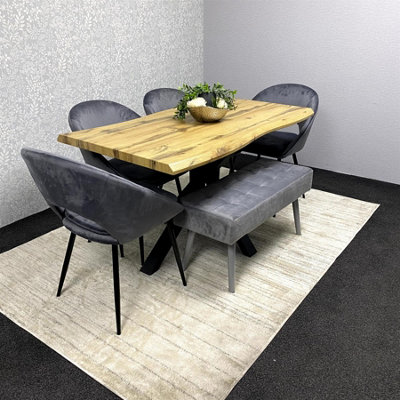 Modern Dining Set with 4 Grey Velvet Chairs and Grey Velvet Bench ...