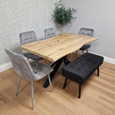 Modern Dining Table Set with 2 Grey Velvet Chairs and Black Padded ...