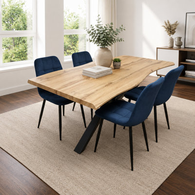 Modern Dining Table with 4 Blue velvet tuffted Chairs Kitchen Furniture