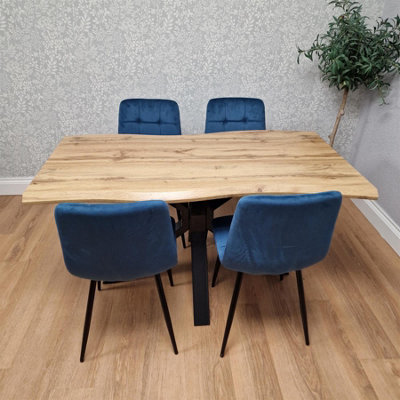 Modern Dining Table with 4 Blue velvet tuffted Chairs Kitchen Furniture