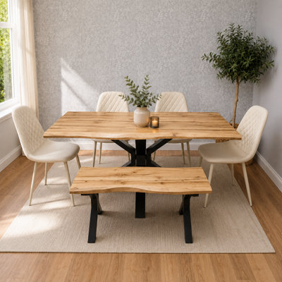 Modern Dining Table with 4 Gem Faux Leather Chairs and 1 Bench