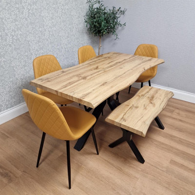 Modern Dining Table with 4 Mustard Gem Pattern Faux Leather Chairs and ...