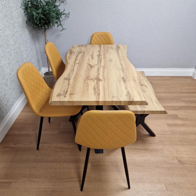 Modern Dining Table with 4 Mustard Gem Pattern Faux Leather Chairs and ...