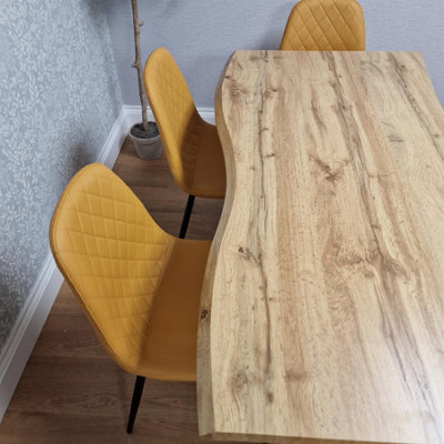 Modern Dining Table with 4 Mustard Gem pattern Faux Leather Chairs