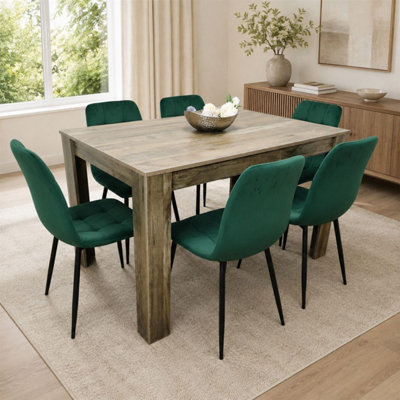 Modern Dining Table with 6 green velvet tufted Chairs